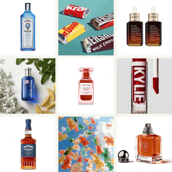 An animated grid of nine products where each picture in the grid changes to show the same product in a different setting or from a different perspective, including: A bottle of Bombay Sapphire London Dry Gin, an assortment of Hershey's chocolates, Estée Lauder Advanced Night Repair Serum, Polo Sport fragrance by Ralph Lauren, Electric Cherry Perfume by Tom Ford, High Gloss Lip color by Kylie Jenner, Jack Daniels Single Malt American Whiskey, Haribo Goldbears Gummi Candy and Stronger with you Intensely by Emporio Armani.