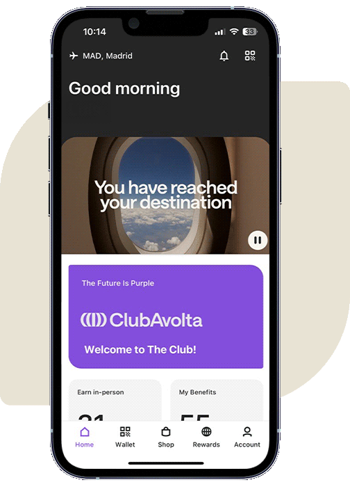 A mobile app interface shown across three screens. First screen: a personalized homepage greeting the user by name, displaying an offer for 15% off with images of beauty products and a summary of earned points. Second screen: a digital wallet view showing a Platinum membership card, total points (5253), and options such as vouchers and membership details. Third screen: a product page featuring a Lancôme perfume with member pricing, an image of the bottle, price, and size options.