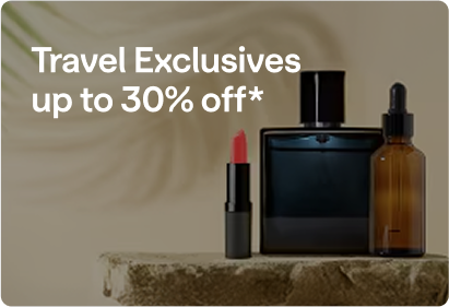 Various generic beauty products displayed on a stone slab with an overlay of Travel Exclusives up to 30% off.