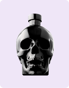 Crystal Head Vodka Onyx  bottle on a white background, showing its skull-shaped glass.