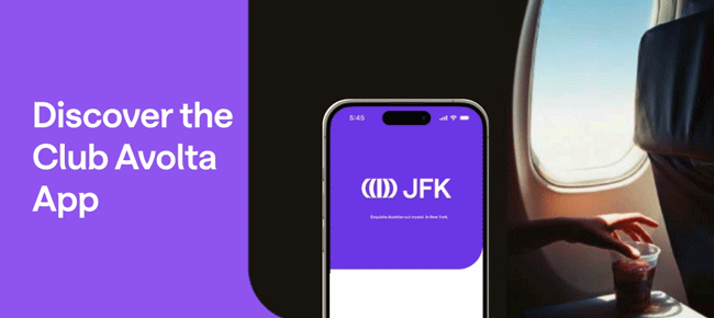 A person seated on an airplane reaches for a drink on the tray table next to the window. Overlaid on the image is a smartphone displaying an animation of changing airport codes, 'DOH, LDN, HKG, GRU, JFK' in white text on a purple background.