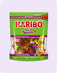 A bag of Haribo Twin Snakes displayed on a white background.
