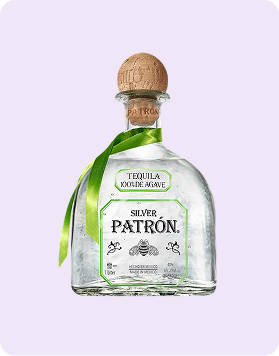  Patrón Silver Tequila bottle on a white background, featuring its clear glass and cork stopper.