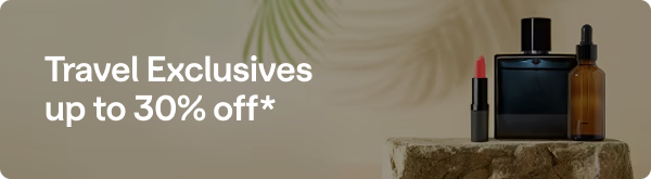 Various generic beauty products displayed on a stone slab with an overlay of Travel Exclusives up to 30% off.